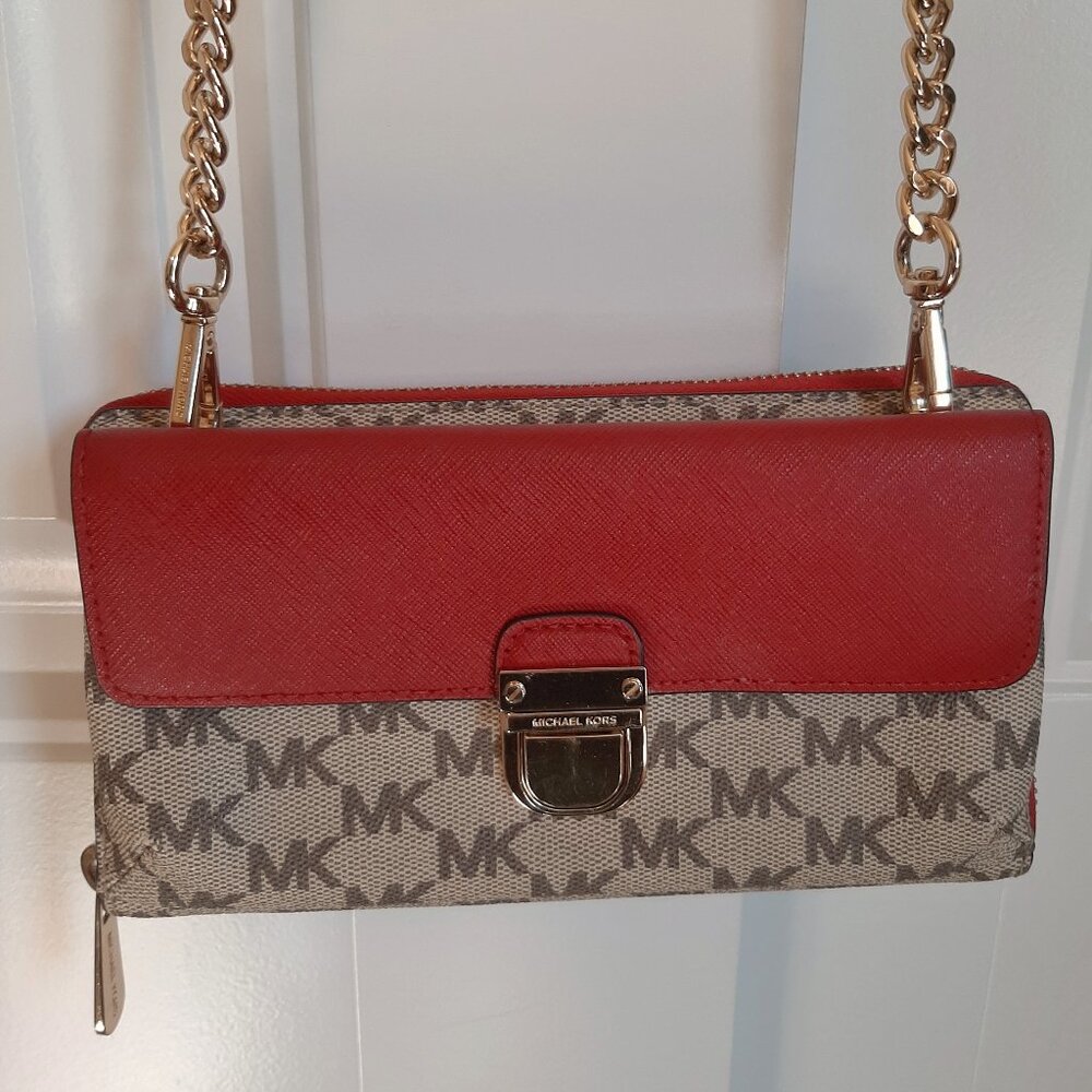 Michael Kors Bridgette Red & Tan MK Logo Print Wallet on Crossbody Strap